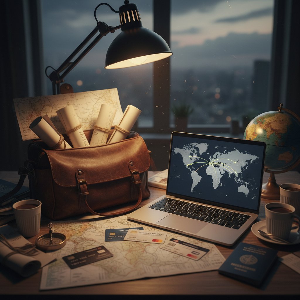 Overhead shot of a traveler’s desk with maps, laptop, and airline cards, illustrating advanced companion ticket strategies