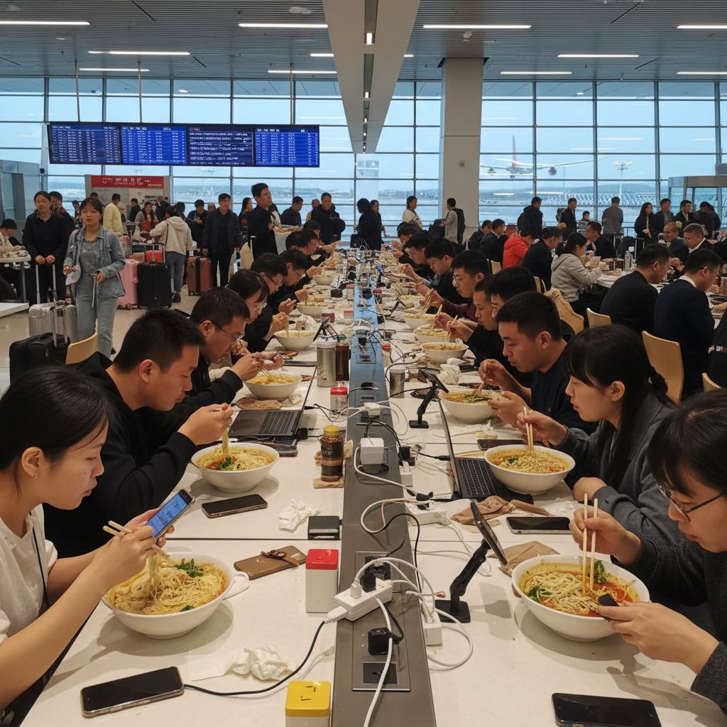 Travelers eating at Lanzhou airport noodle bar, busy environment, phones and laptops on tables, visible power outlets