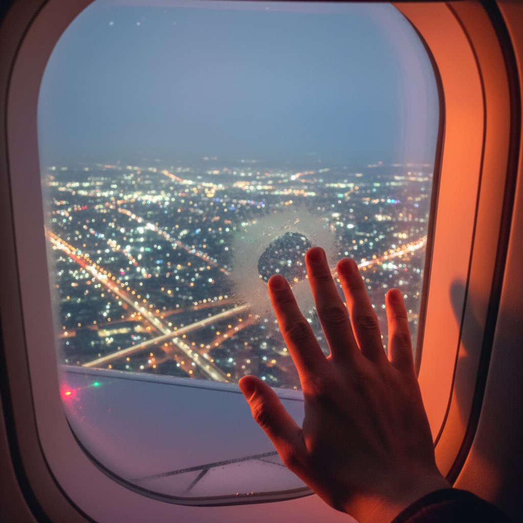 Traveler’s hand pressed to the frosted airplane window, city lights twinkling below in a dramatic night scene