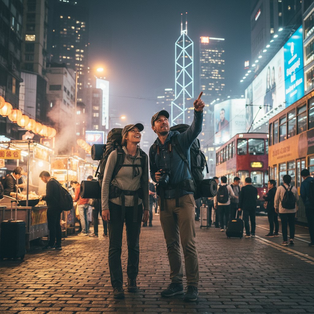 Grupa podróżników z plecakami w nocnym mieście, słowa kluczowe: noc, przesiadka, odkrywanie