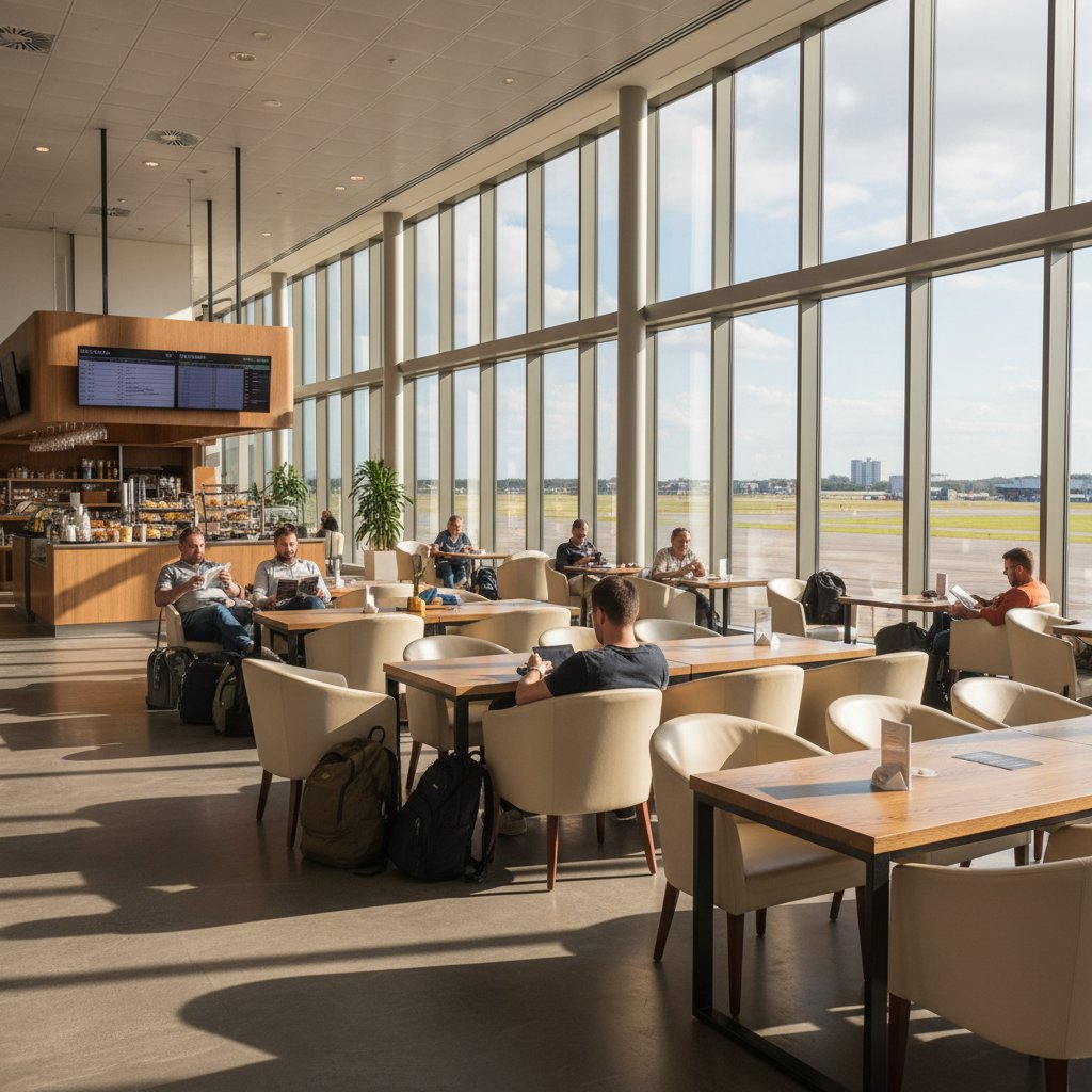 Travelers relaxing in modern Birmingham UK airport lounge with natural light