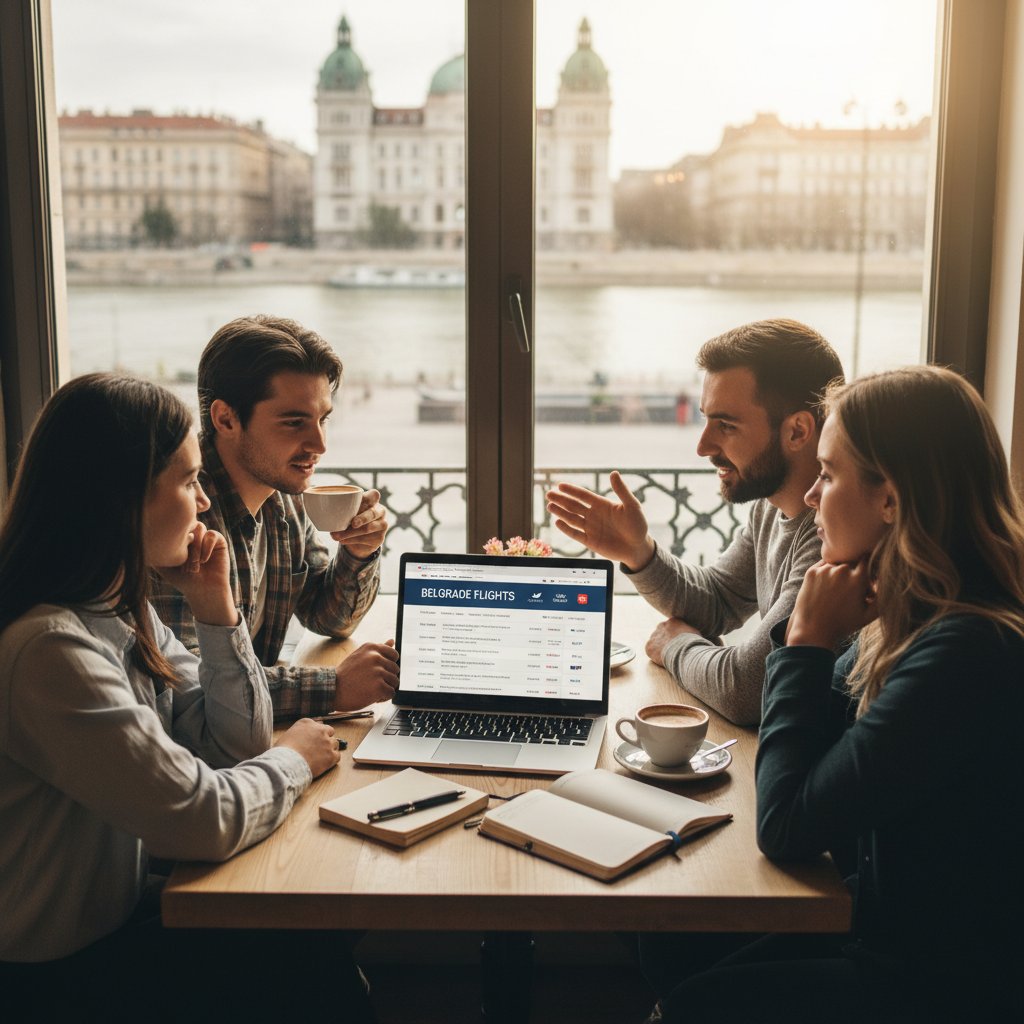 Podróżnicy dzielą się doświadczeniami, laptop, grupowa dyskusja o lotach do Belgradu