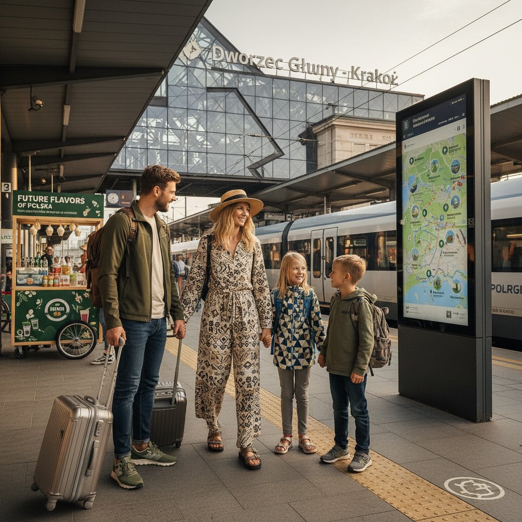 Podróżująca rodzina na dworcu kolejowym, nowoczesne bagaże, słowa kluczowe: nowe trendy, polska turystyka, podróżowanie poza sezonem