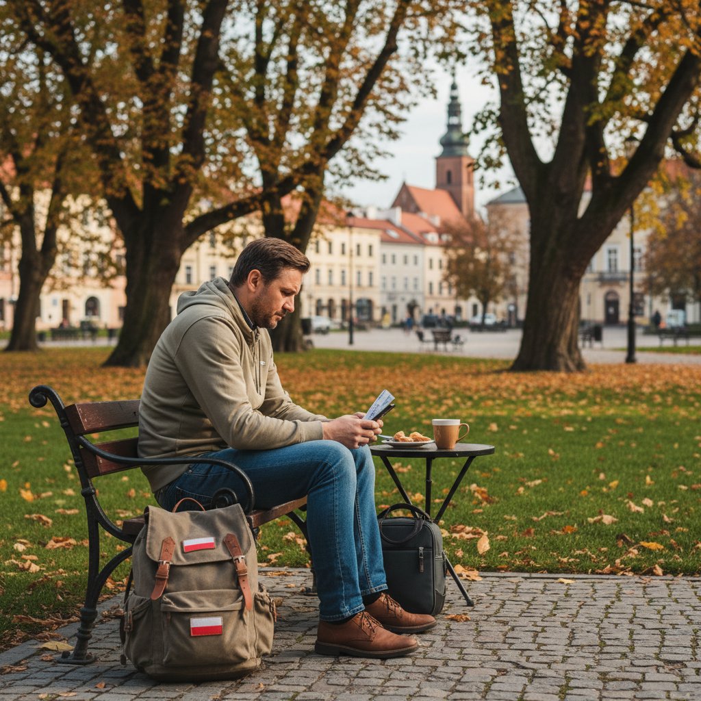 Podróżnik odpoczywający w parku po anulowanym locie, Polska, 2024 – wykorzystanie przymusowego postoju