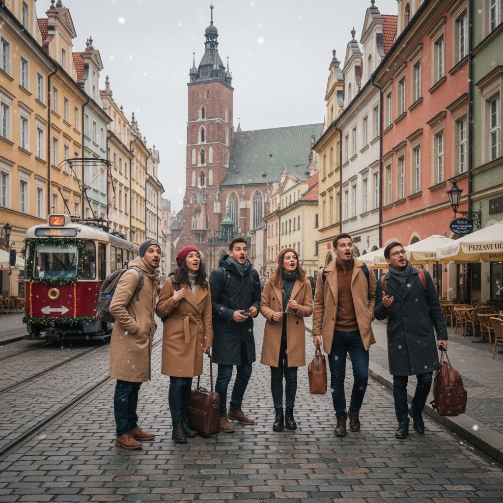 Podróżni zwiedzający miasto podczas przymusowego postoju po anulowanym locie, Polska, 2024