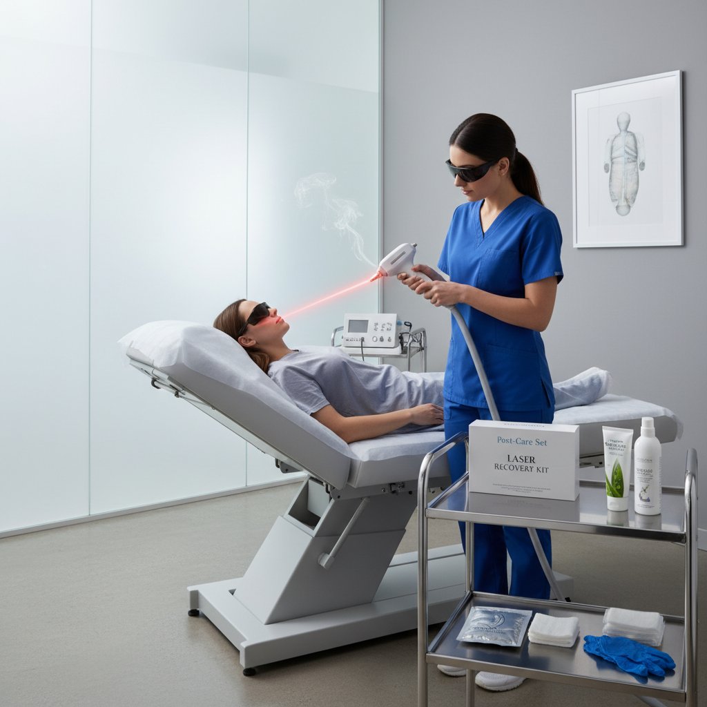 Gabinet zabiegowy z widocznymi narzędziami do zabiegów laserowych oraz zestawem do pielęgnacji pozabiegowej