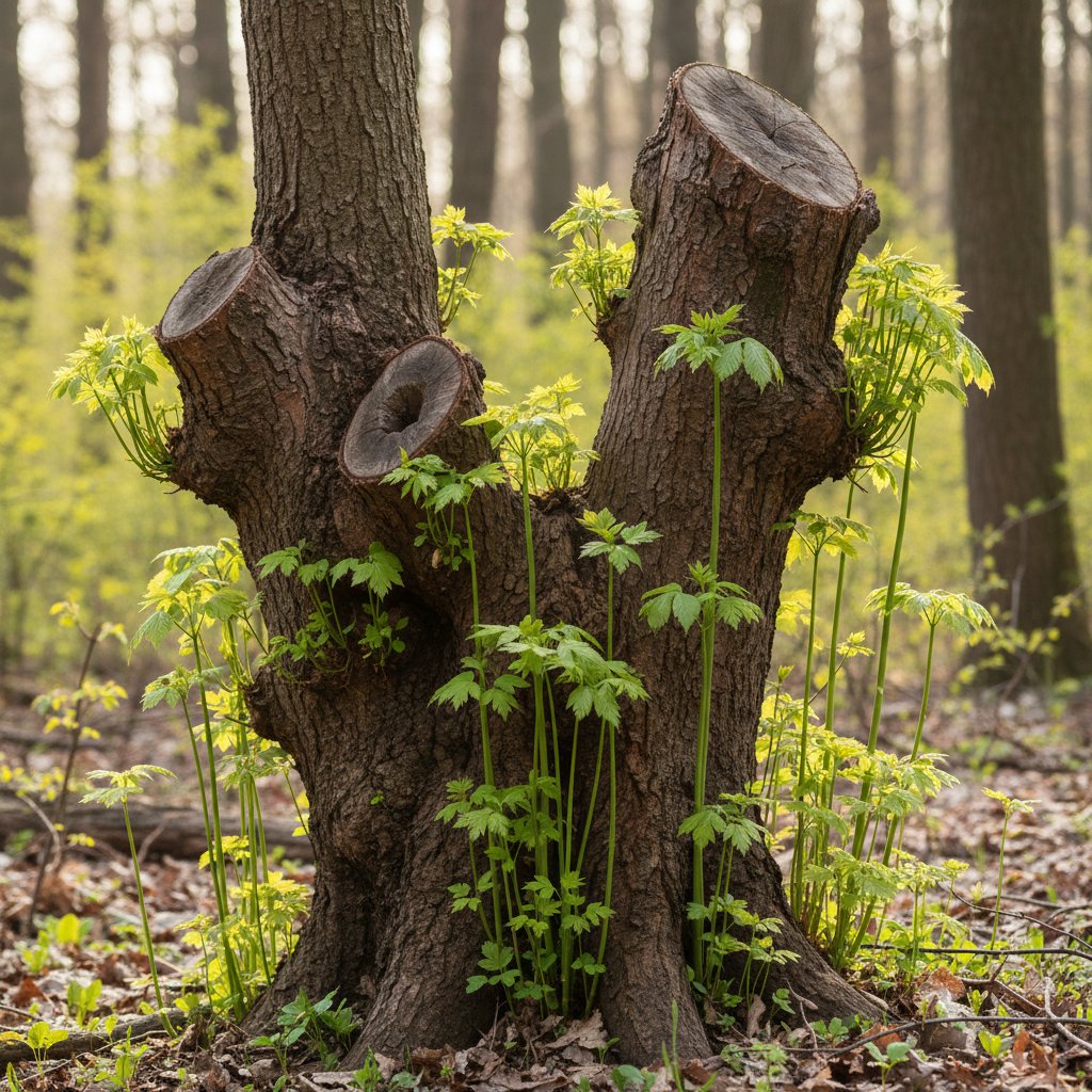 Stare drzewo odrastające po błędnym cięciu – nowe przyrosty na pniu