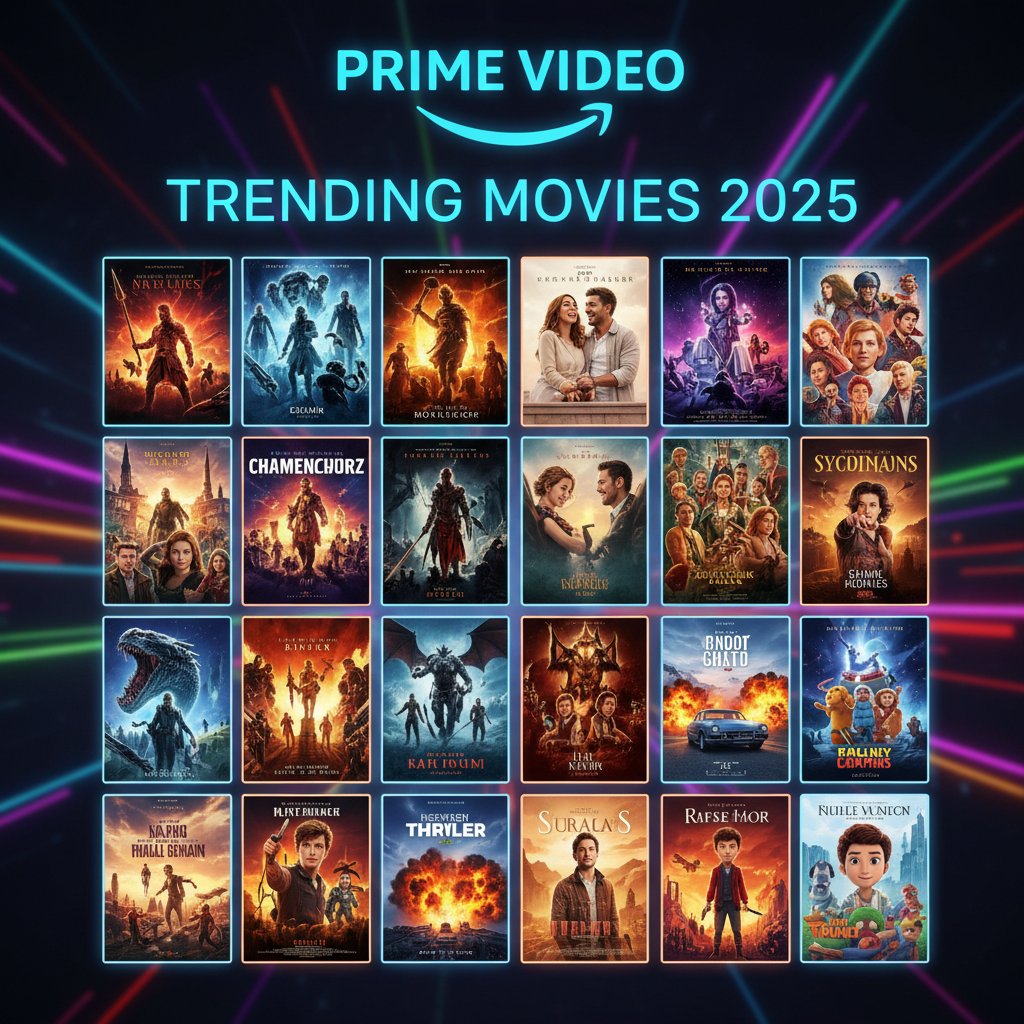 Montage of trending amazon prime movies in 2025, vibrant movie posters, digital grid