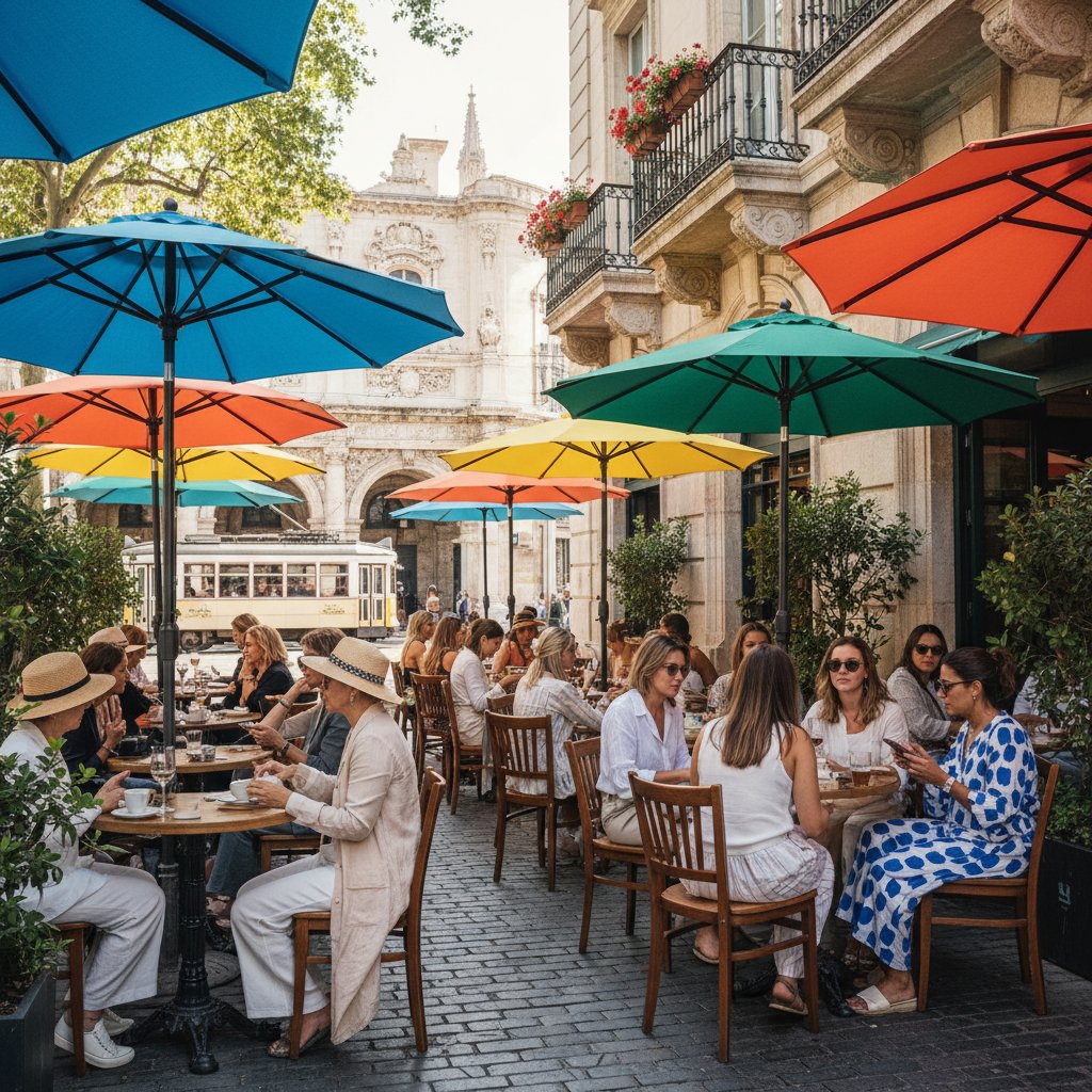 Taras modnej kawiarni z różnorodnymi, kolorowymi parasolami i stylowymi klientami w tętniącym życiem europejskim mieście