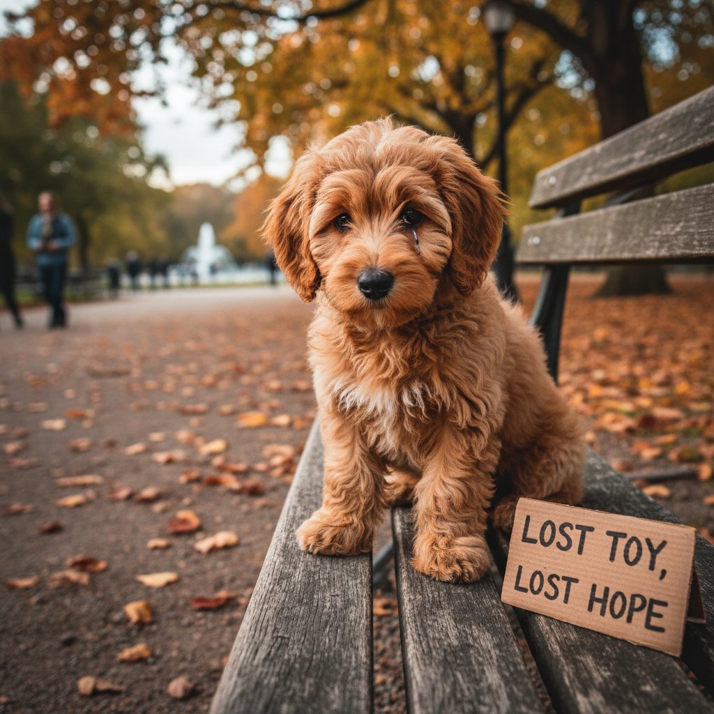 Pies modnej rasy samotny na ławce w parku, smutny wyraz pyska, kontrast z popularnością