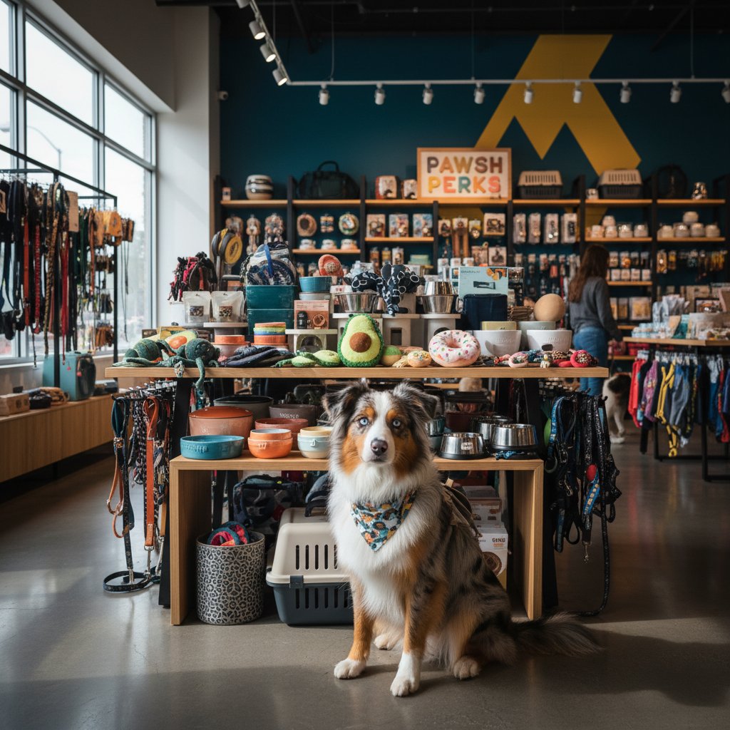 Pies modnej rasy na tle sklepu zoologicznego, dużo zabawek i akcesoriów, kontrast z cierpieniem