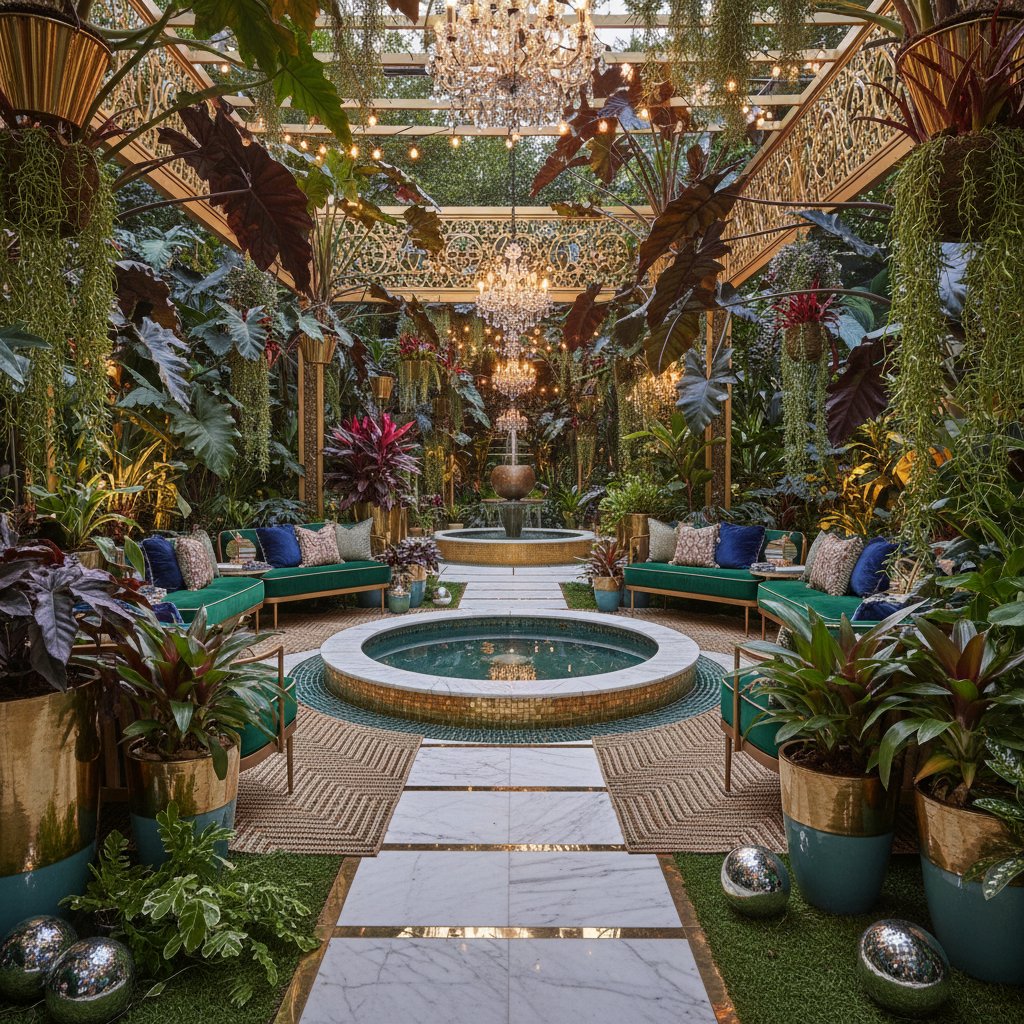 Ogród urządzony według modnych trendów, widoczne egzotyczne rośliny, styl glamour