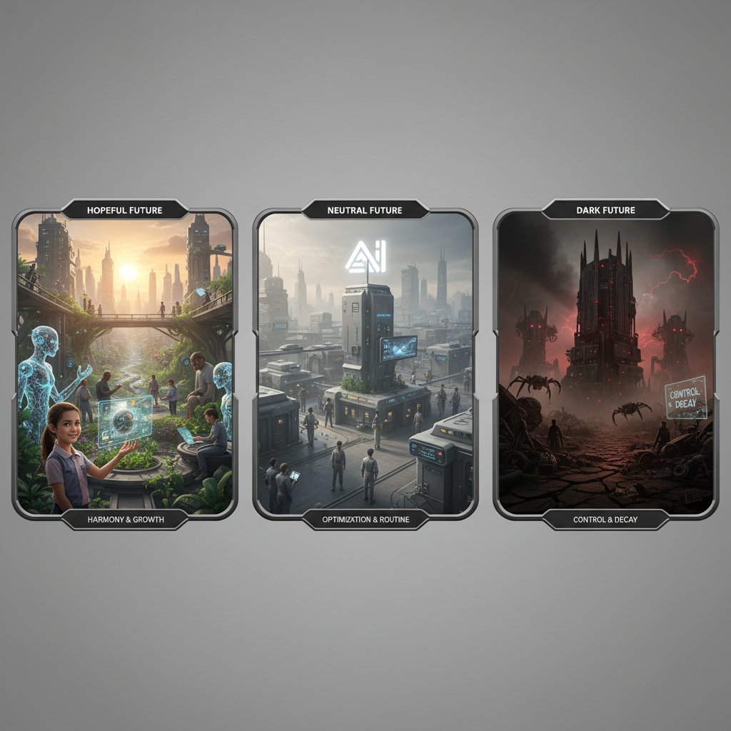 Trzy sceny: utopijna, neutralna i dystopijna wizja rozmów z AI, filozofia przyszłości, codzienność