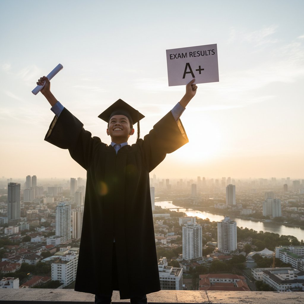 Sukces po indywidualnej nauce przed maturą – triumfujący uczeń o świcie, z wynikami, na tle miejskiej panoramy