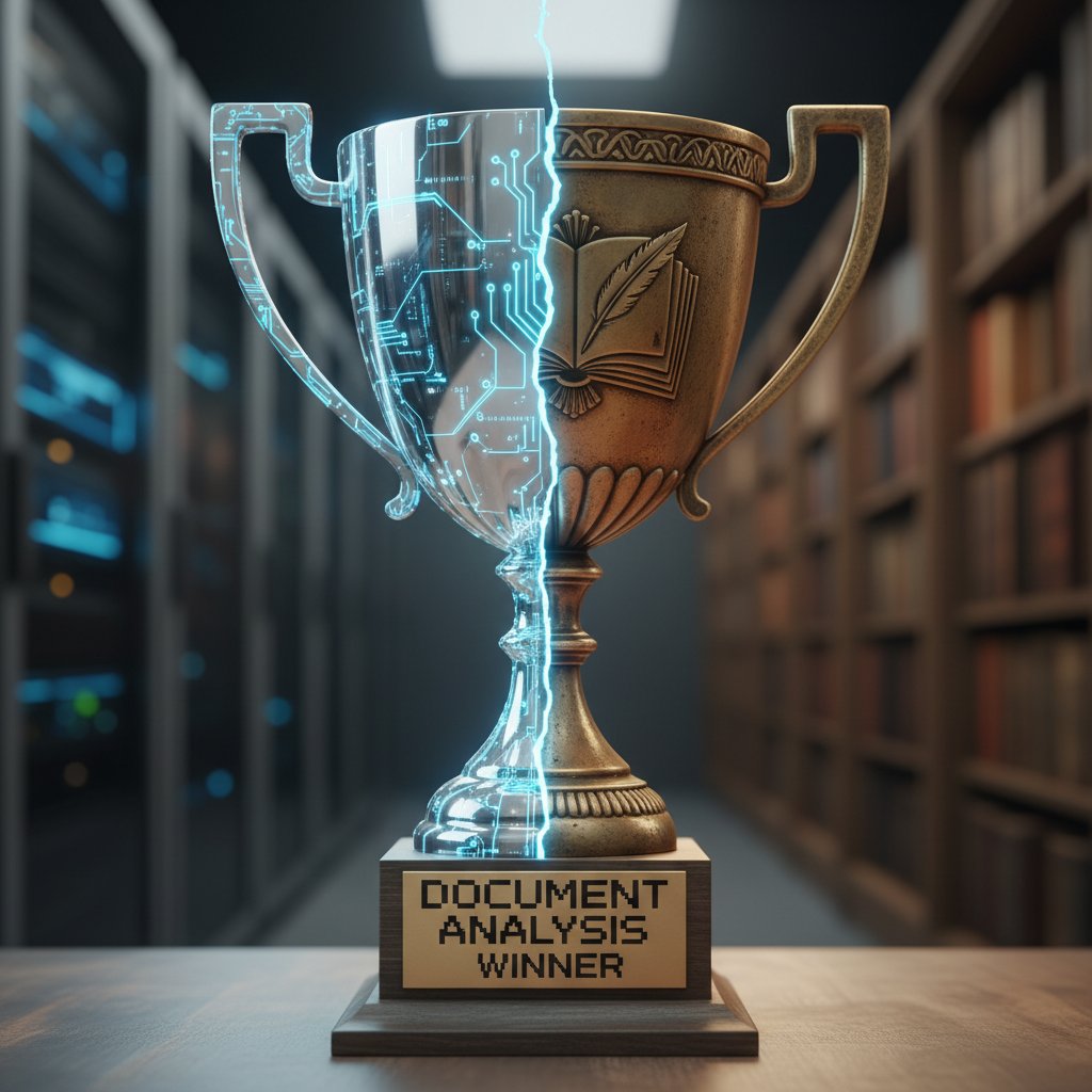 Editorial photo of a trophy split between digital and analog halves, representing the surprising winner in document analysis tools comparison