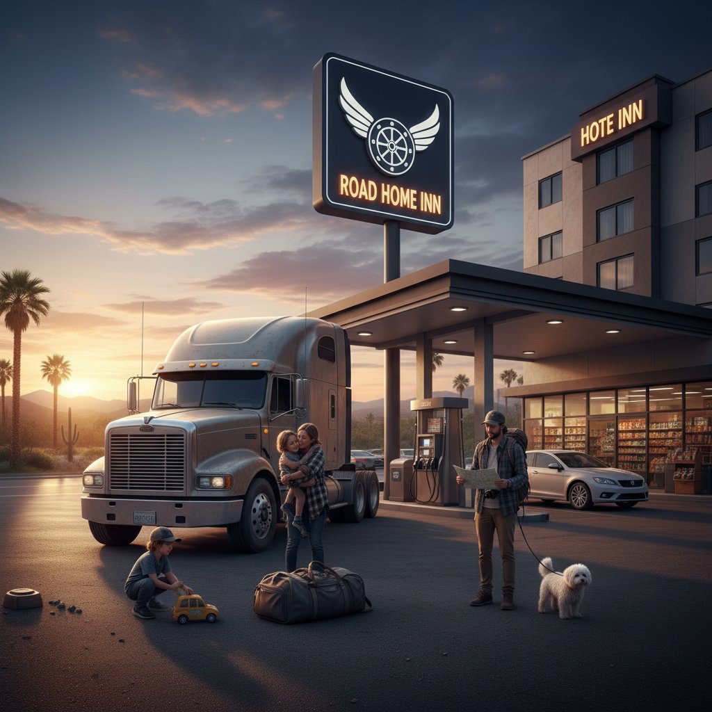 Portret różnych gości hotelu przy stacji benzynowej: kierowca ciężarówki, rodzina z dziećmi i samotny podróżnik