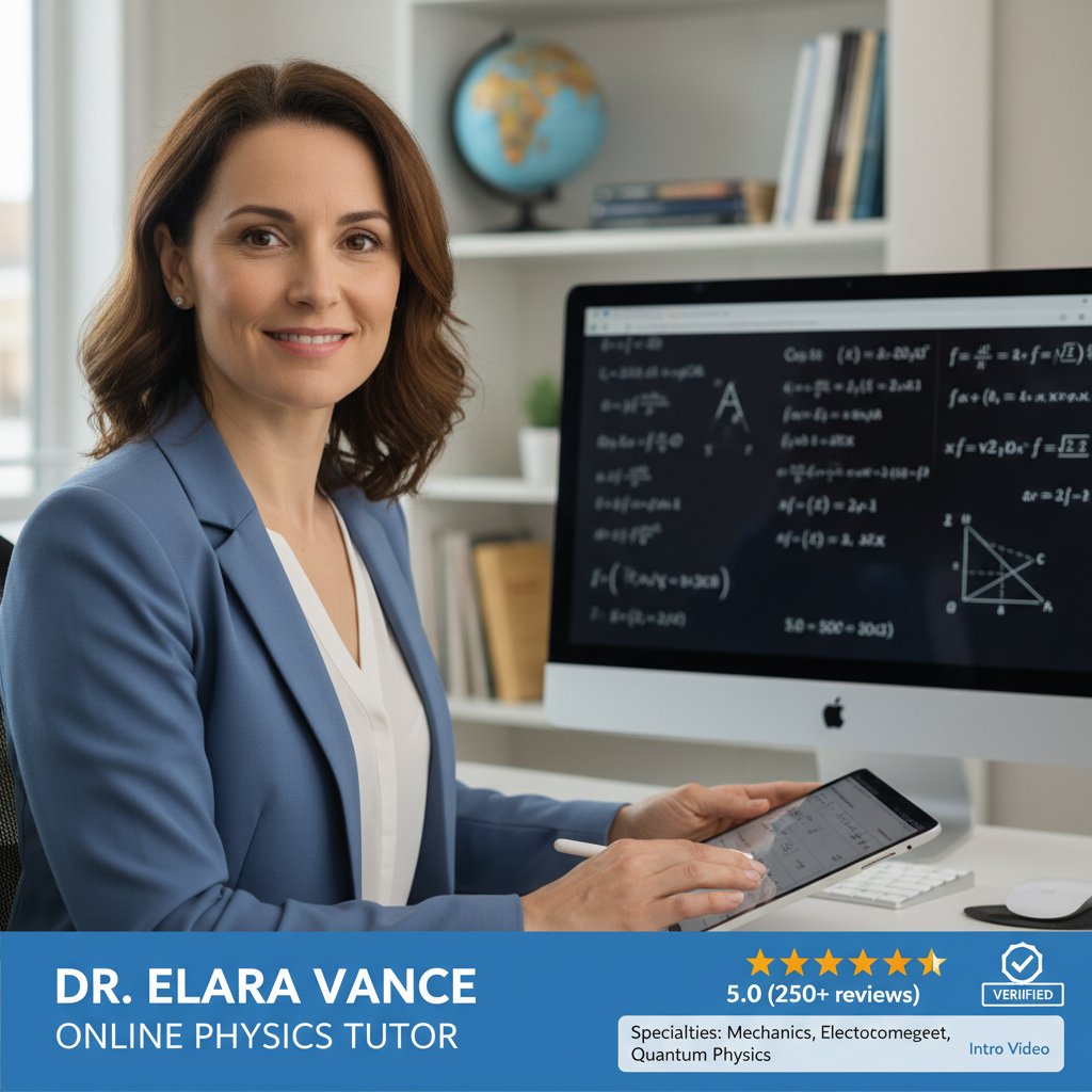 Screenshot eines vertrauenswürdigen Online-Nachhilfeprofils für Physik, professionelle Darstellung, seriöses Auftreten