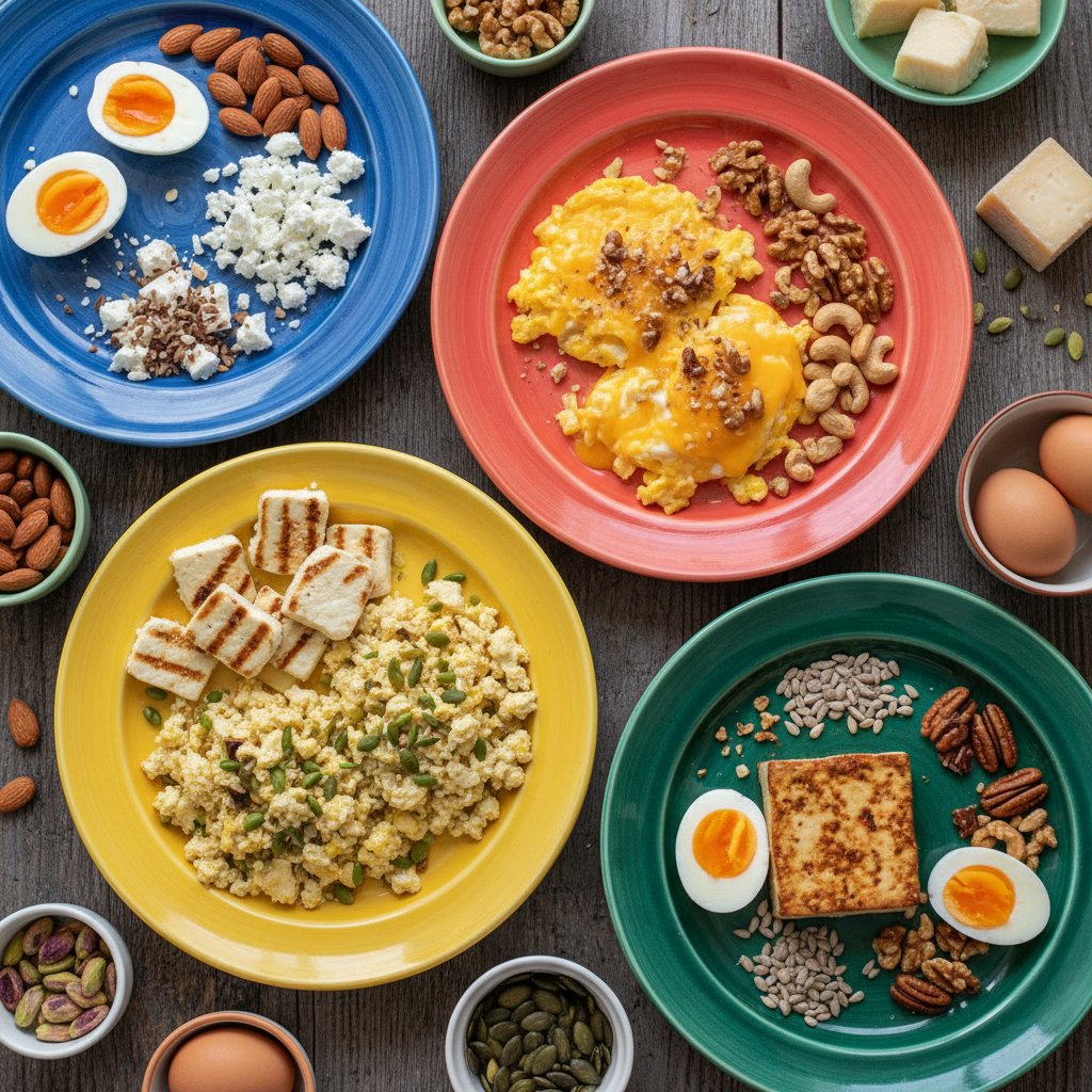 Produkty bogate w tryptofan na kolorowych talerzach