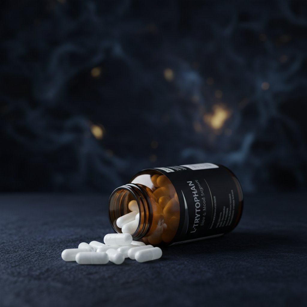 Rozsypane kapsułki tryptofanu na ciemnym tle reklamowym