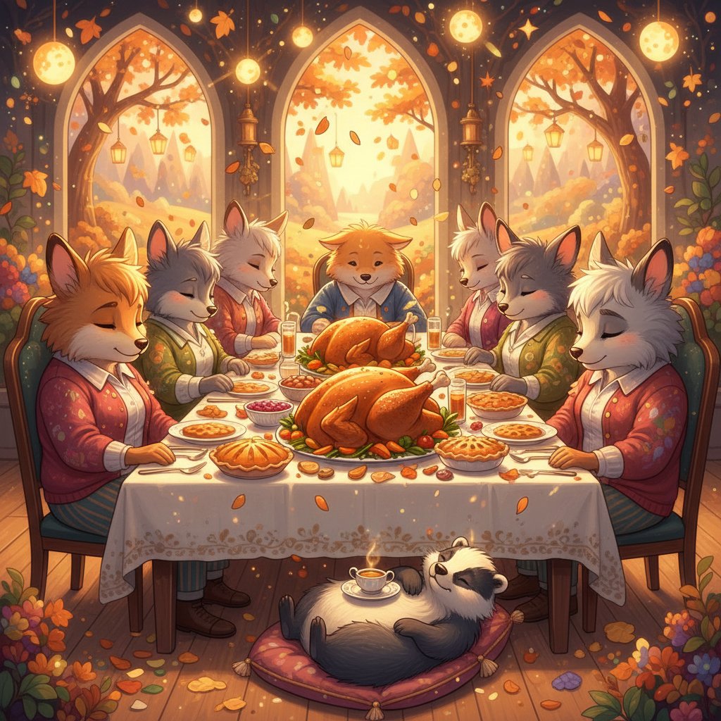 Scena z indykiem i śpiącymi uczestnikami kolacji