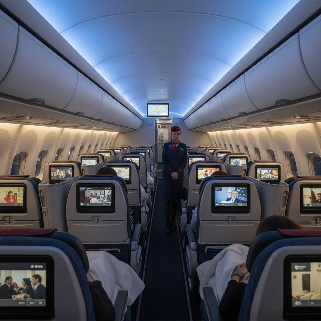 Crowded Turkish Airlines economy cabin with wide seats, passengers relaxing, showing comfort and flight experience