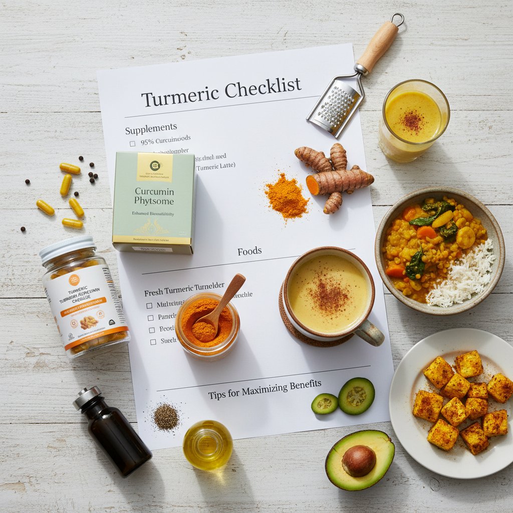 Lista kontrolna: paczka kurkumy, suplementy i różne potrawy