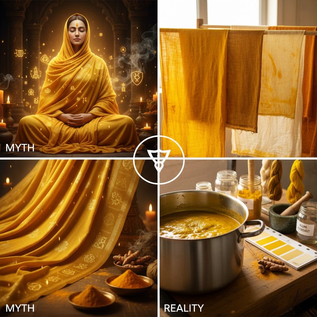 Barwienie tkaniny kurkumą, symbolizujące wpływ i mity wokół przyprawy