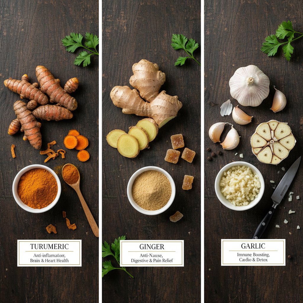 Porównanie kurkumy, imbiru i czosnku na kuchennym blacie