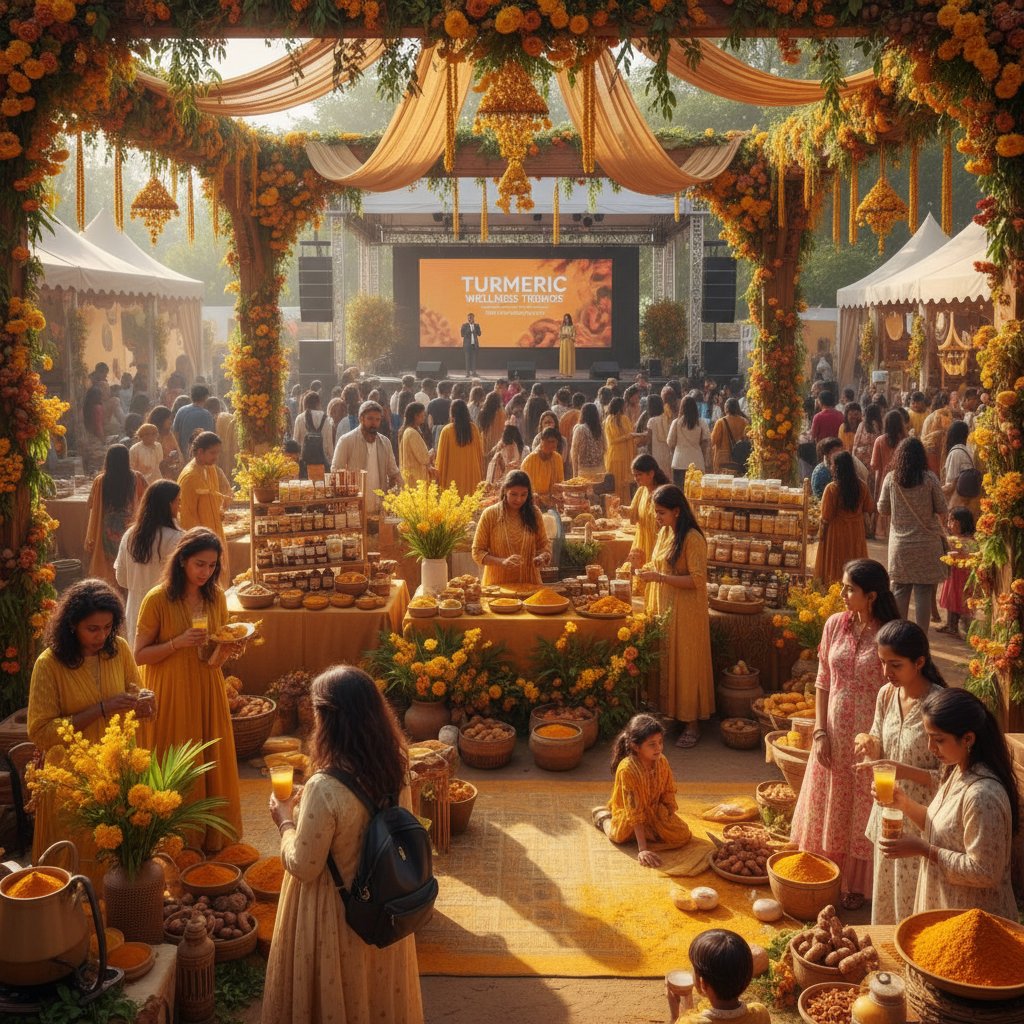 Stoisko z kurkumą na festiwalu zdrowej żywności, tłum kupujących