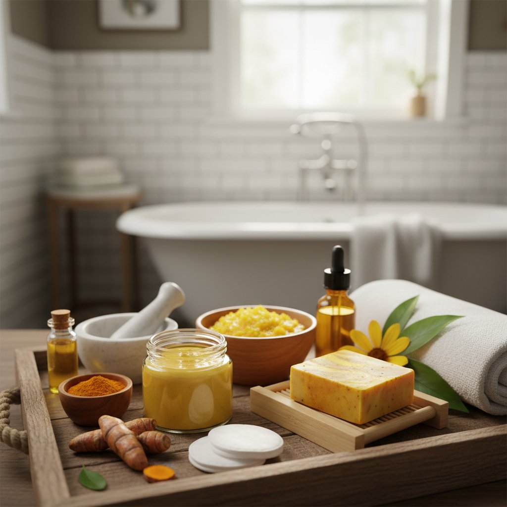 Domowe kosmetyki z kurkumy: maseczka i składniki na łazienkowym blacie