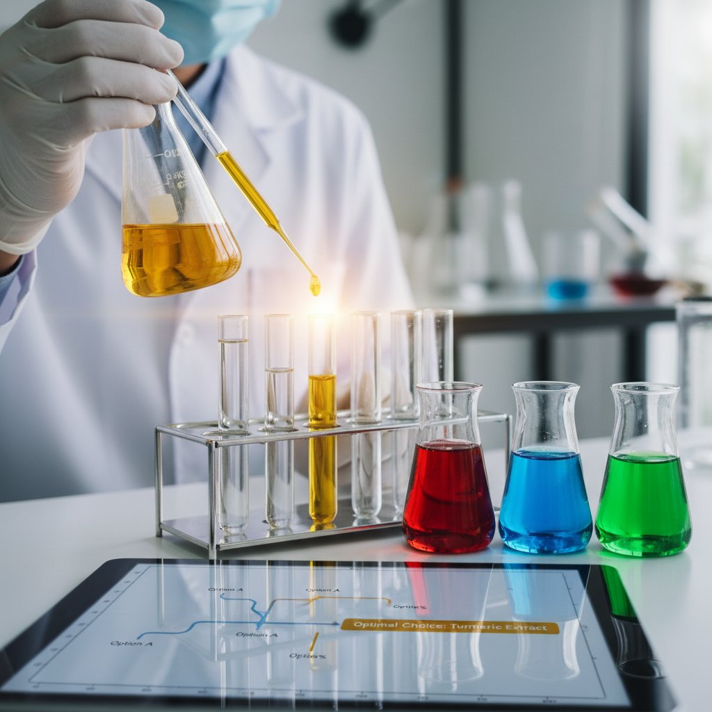 Zbliżenie na porcję kurkumy i pipety laboratoryjnej, symbol analizy i wyboru