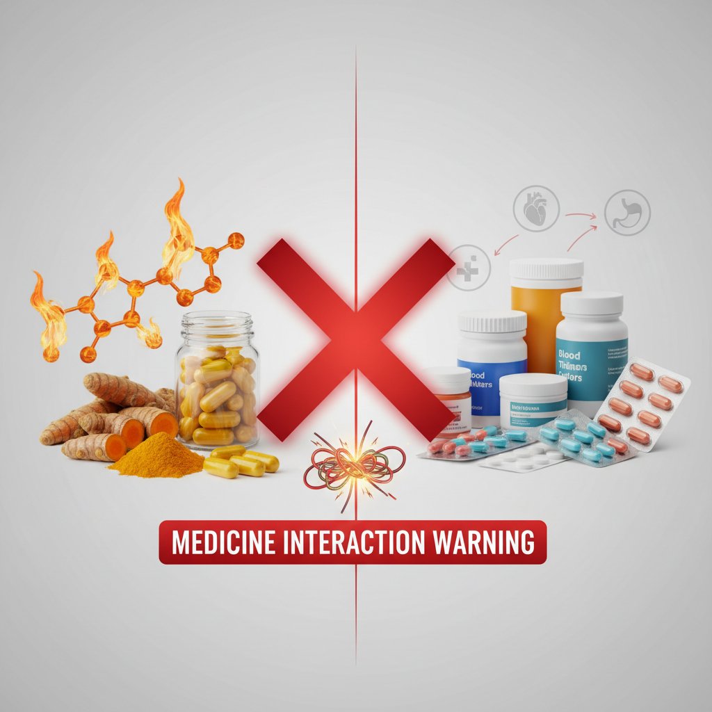 Ostrzeżenie: opakowanie kurkumy i leki na białym tle, symbol interakcji