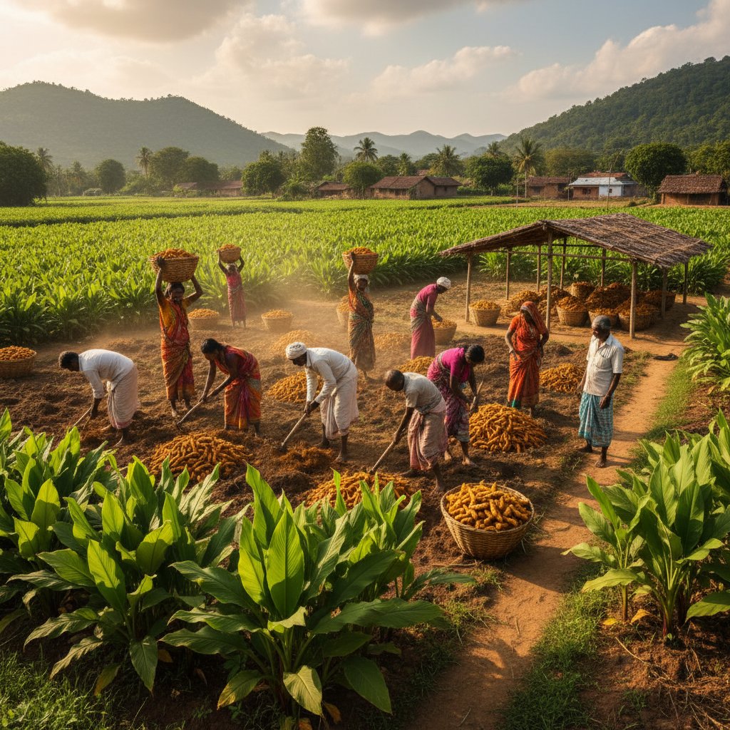 Plantacja kurkumy w Indiach, zbieracze podczas pracy