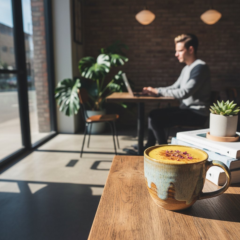 Kolorowe latte i produkty z kurkumą na modnym stole kawiarni