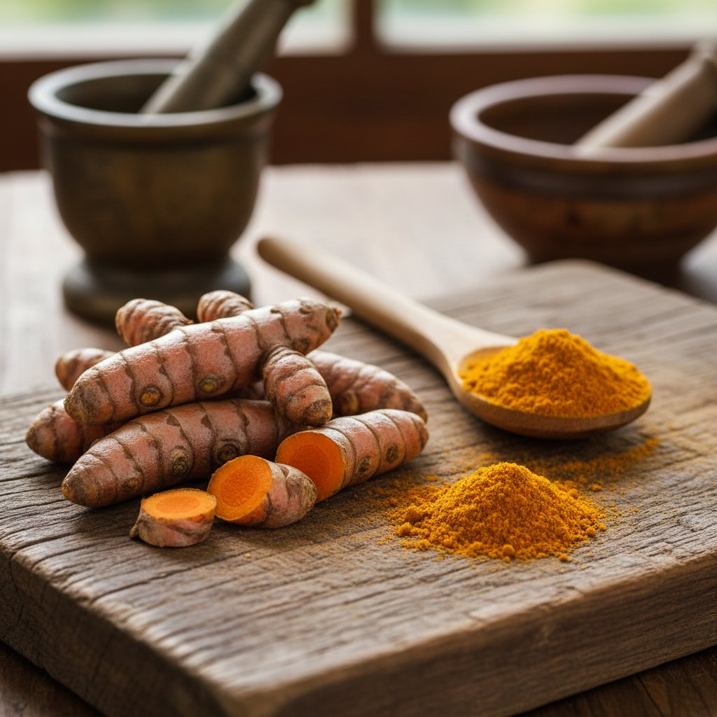 Korzeń i proszek kurkumy na drewnianej desce, nawiązanie do historii i zastosowań