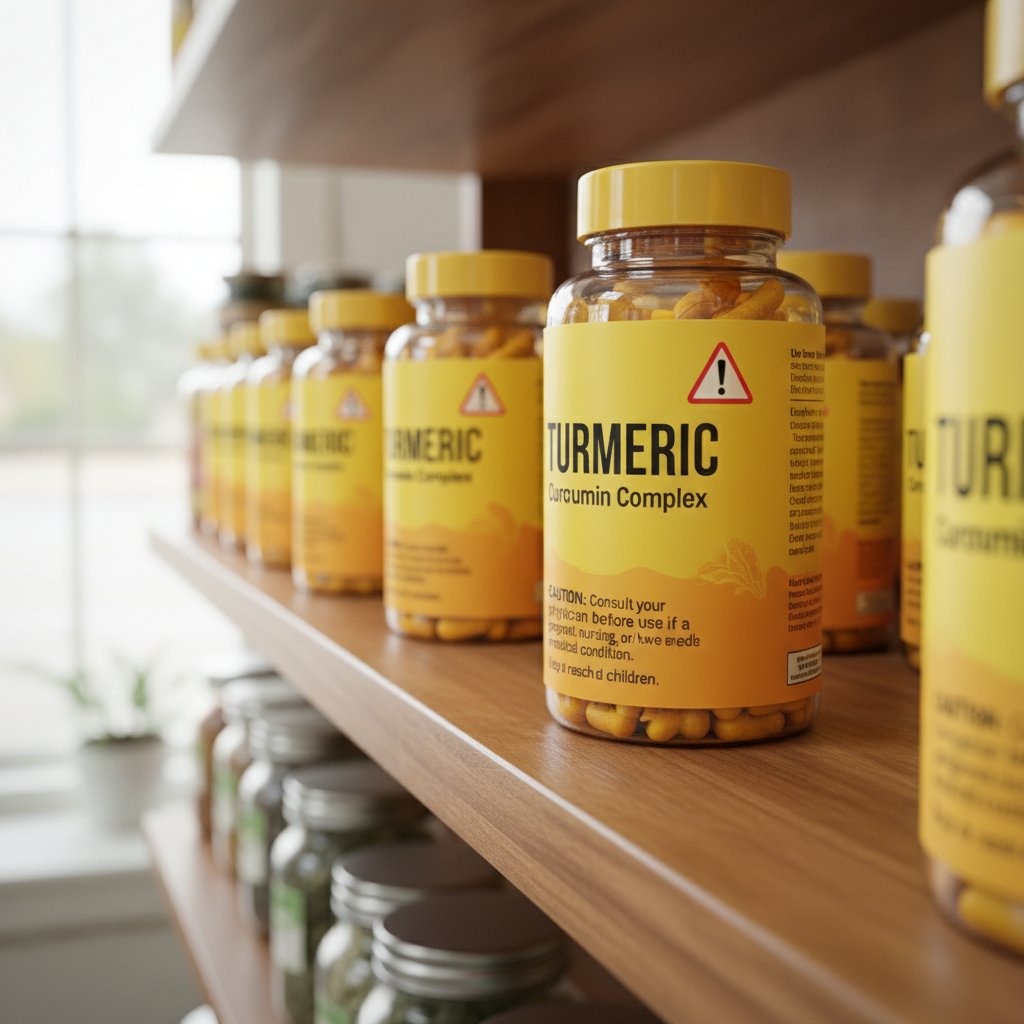 Półka z suplementami z kurkumą, różne formy i marki, ostrzeżenie
