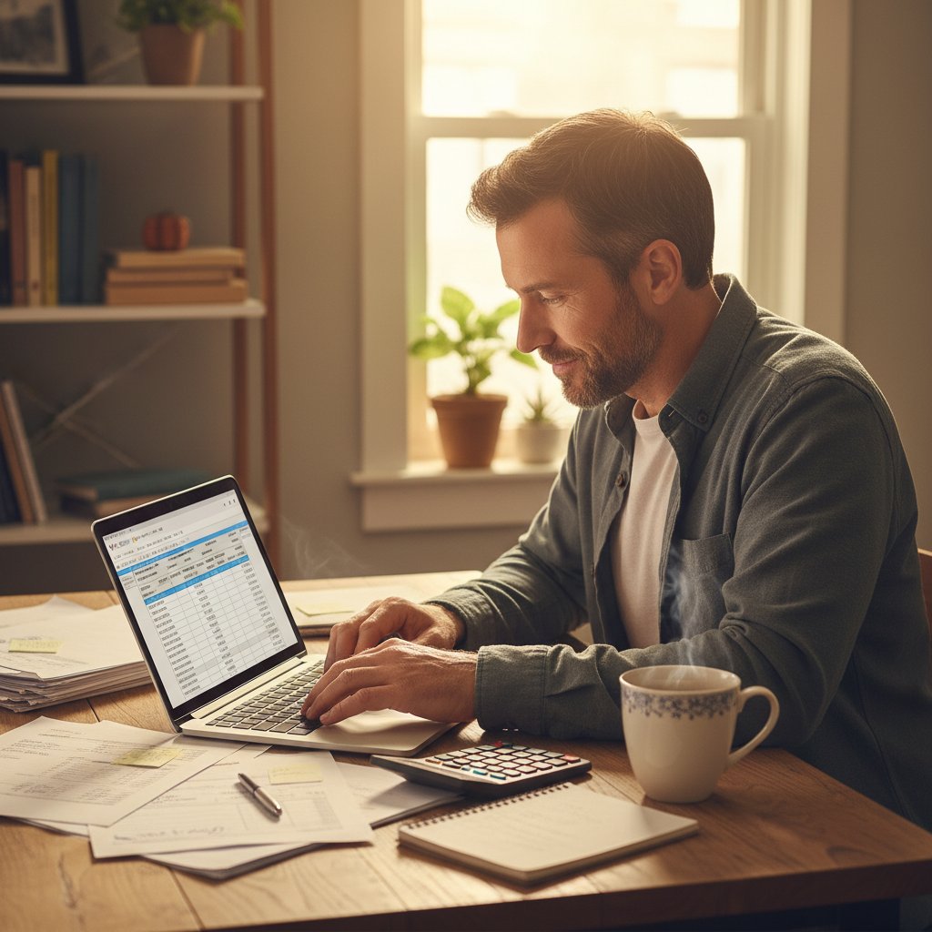 Korepetytor liczący zarobki przy laptopie, stos dokumentów i kubek z kawą na stole