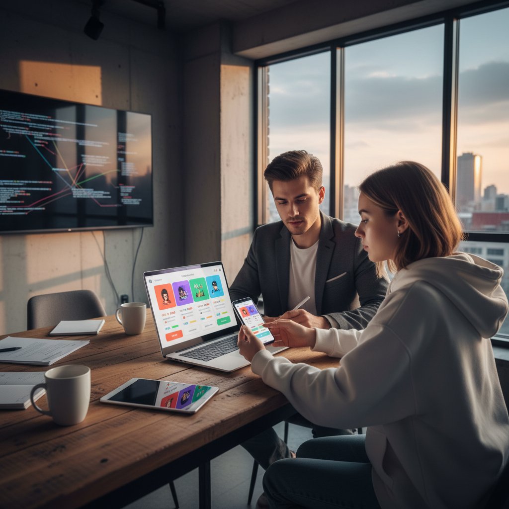 Nachhilfelehrer unterrichten online an Laptop, Buchungs-App am Smartphone, moderner Arbeitsplatz