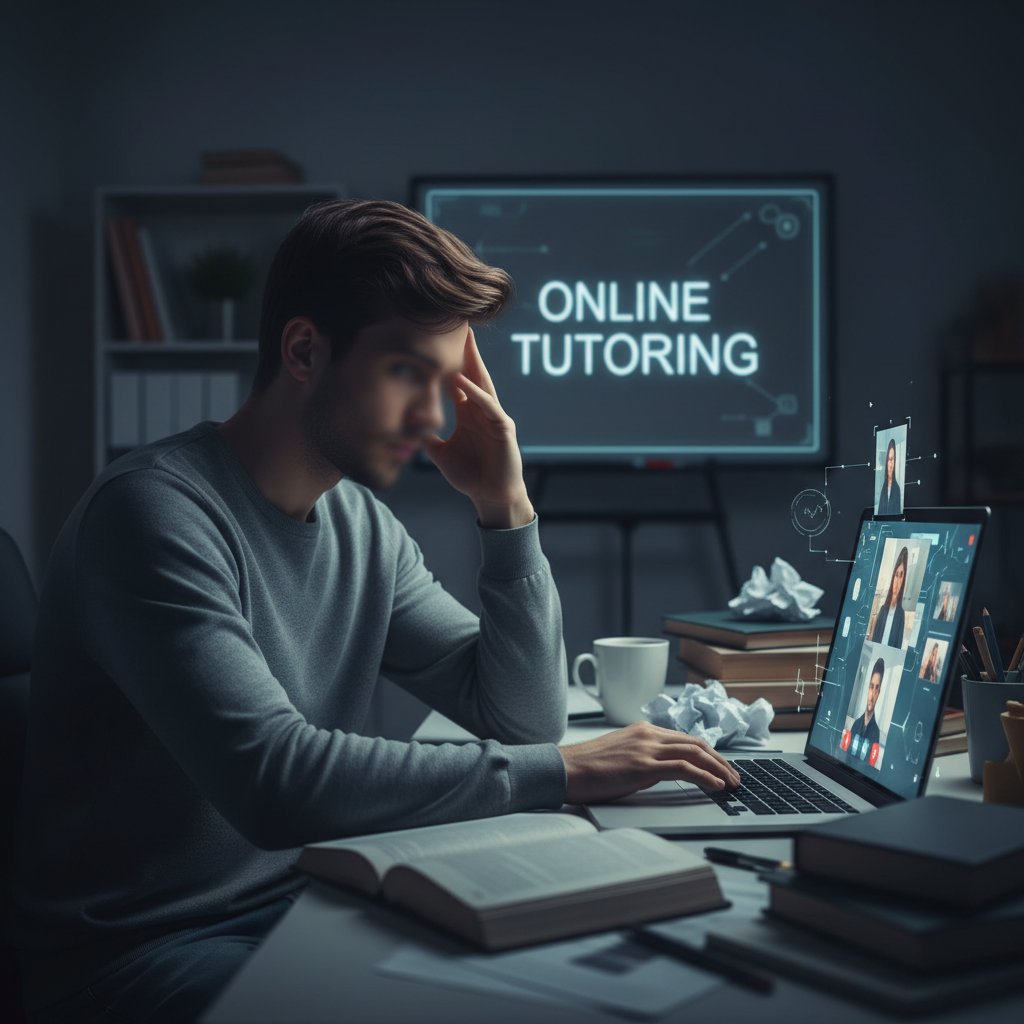 Korepetytor prezentujący się online bez widocznych referencji, zamazana twarz, niepewna atmosfera