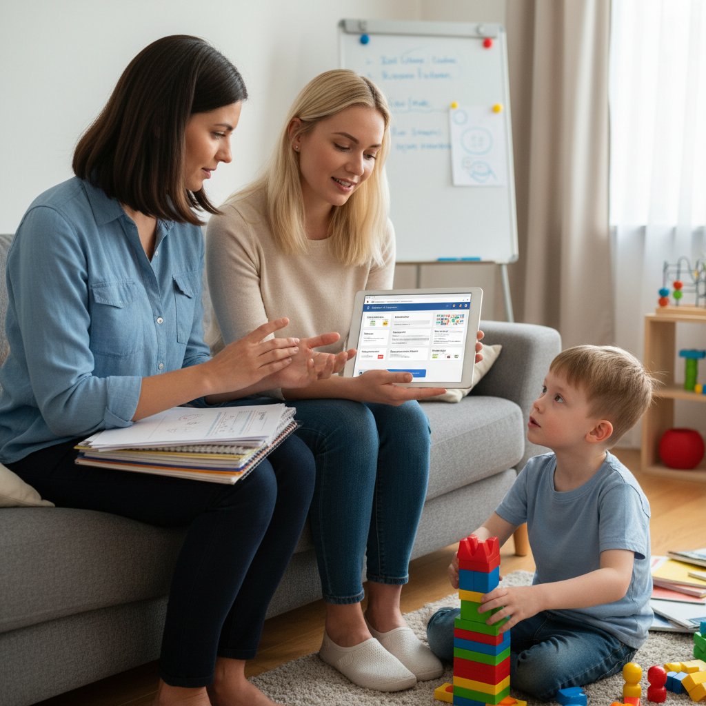 Korepetytor i rodzic omawiający plan wsparcia online, tablet, notatki