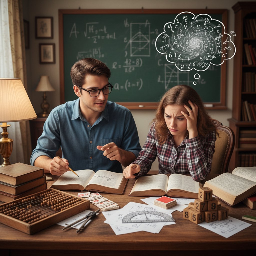 Korepetytor siedzący przy biurku z uczniem, oboje zdezorientowani, tradycyjne pomoce naukowe – symbol nieskuteczności standardowych metod