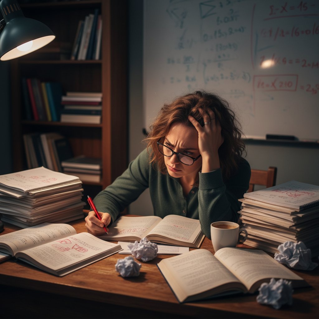 Zagracone biurko korepetytora z notatnikami uczniów i frustracją na twarzy