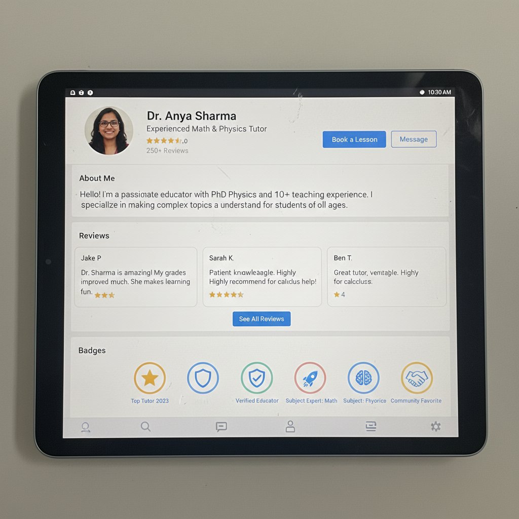 Zrzut ekranu profilu korepetytora online z opiniami i odznakami certyfikacji, przejrzysty design