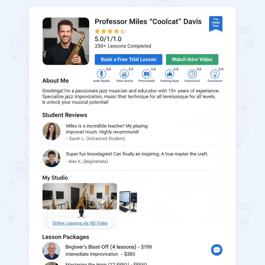 Oceny i opinie o korepetytorach saksofonu online – zrzut ekranu profilu