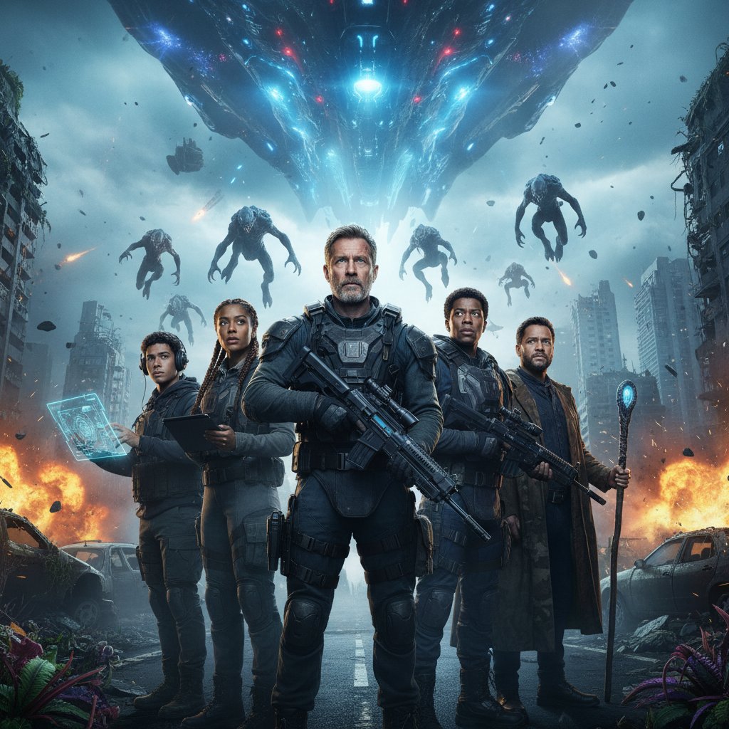 TV cast facing alien threat in tense scene, dramatic ensemble grouped in shadowy corridor, cinematic lighting