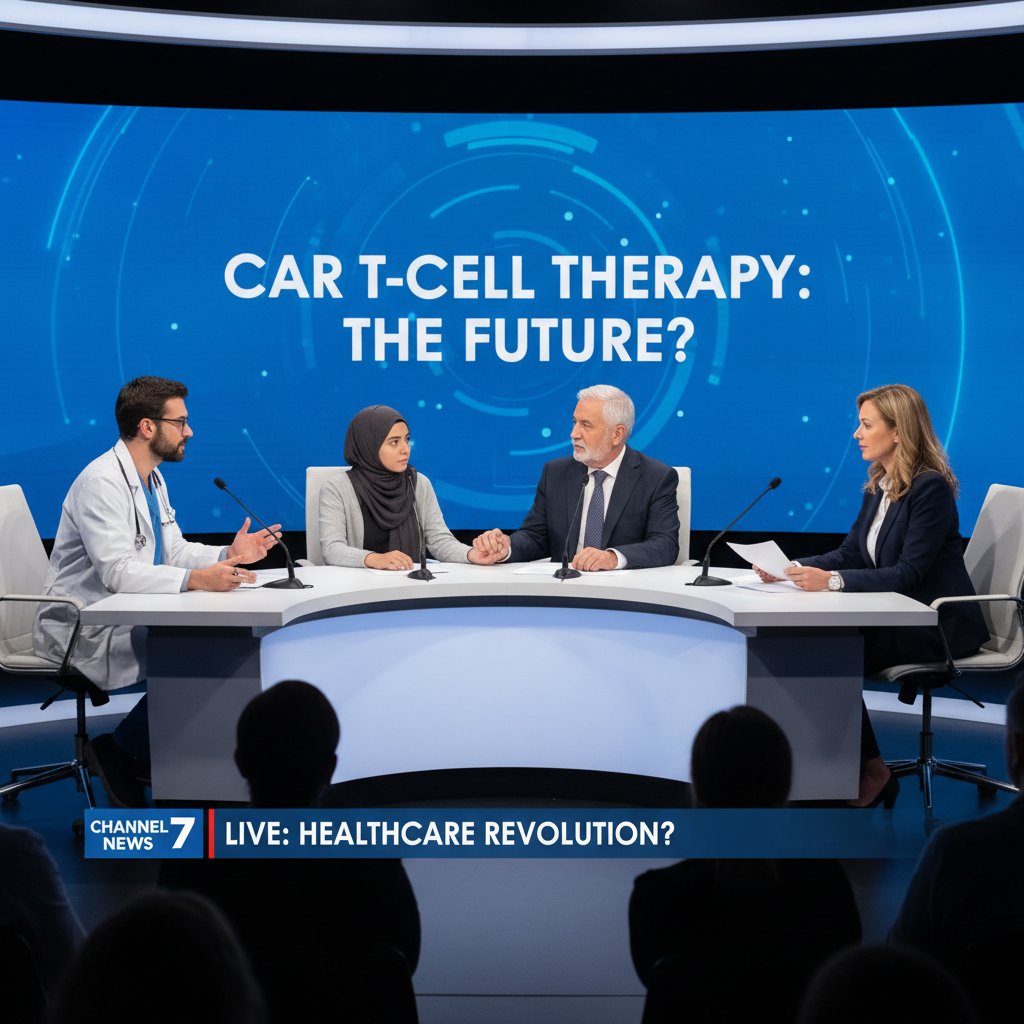 Debata publiczna w TV o terapii CAR-T, obecność lekarzy, pacjentów i polityków; gorąca atmosfera