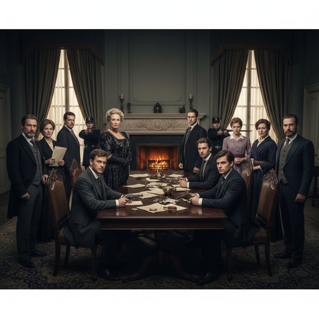 Dramatic TV ensemble cast in tense standoff, cinematic lighting, representing power struggles in television