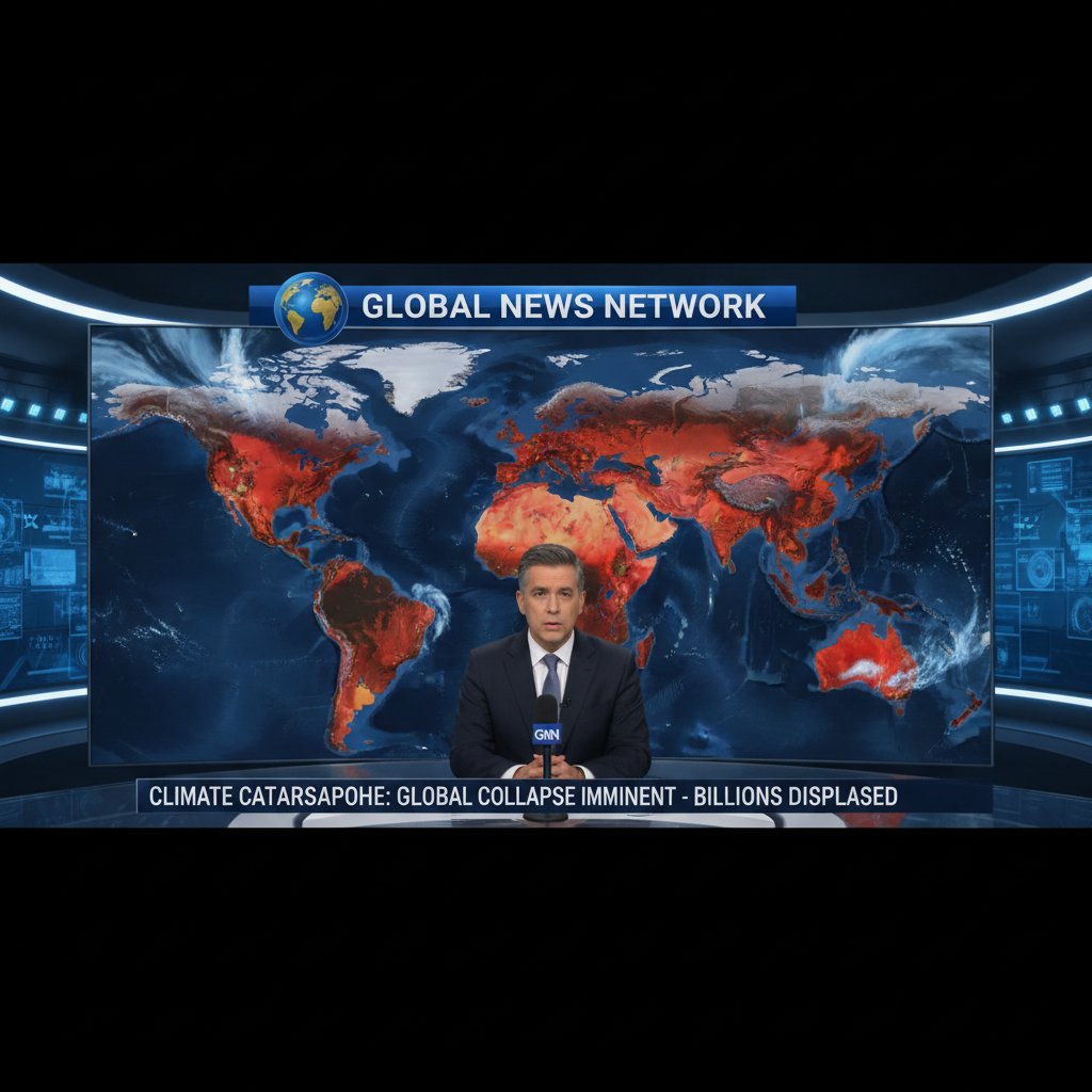 Zdjęcie ekranu telewizora z wiadomościami o katastrofach klimatycznych, mapa świata w tle