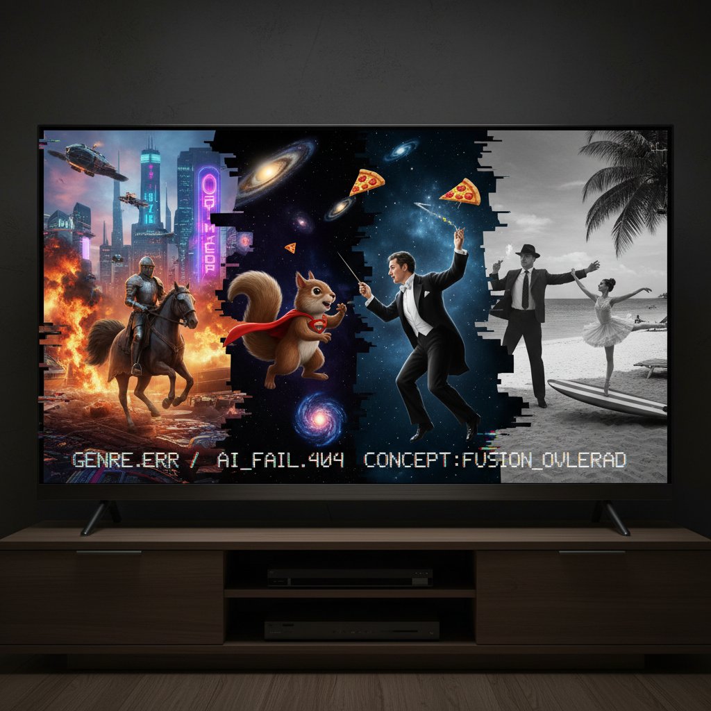 A TV screen displaying mismatched movie genres—cartoons next to horror—showing AI recommendation errors