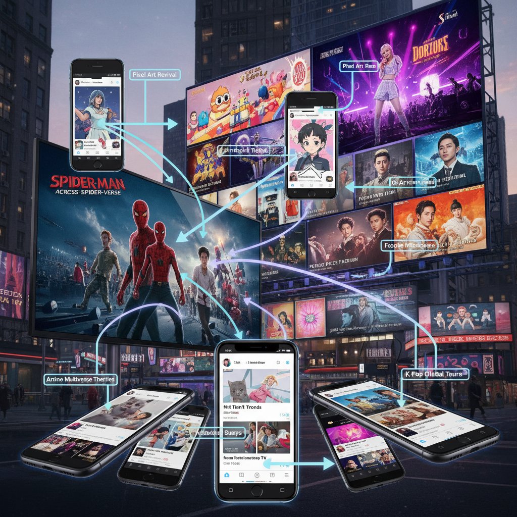 Photo collage of TV screens, a phone, and a billboard showing different scenes connected by a common theme, representing hyperlink narrative’s influence on pop culture